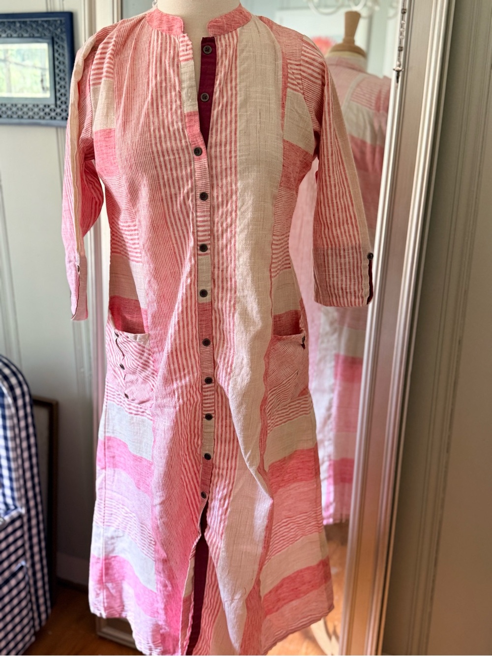 Linen Pink and Cream Button-Front casual Dress with great details